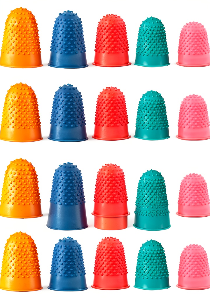 Skrfren rubber finger protectors in assorted colors laid out on a workbench