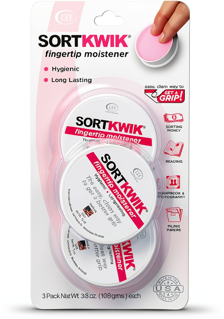 Sortkwik Fingertip Moistener pink pack on a desk
