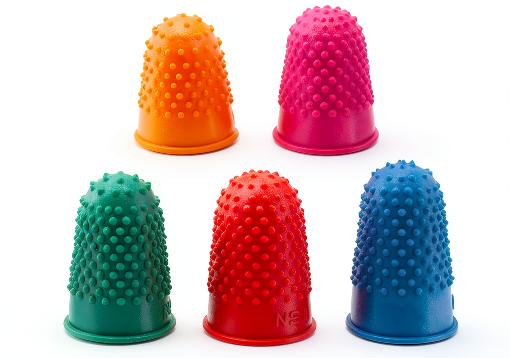 A set of colorful Medsuo rubber finger thimbles displayed on a craft table